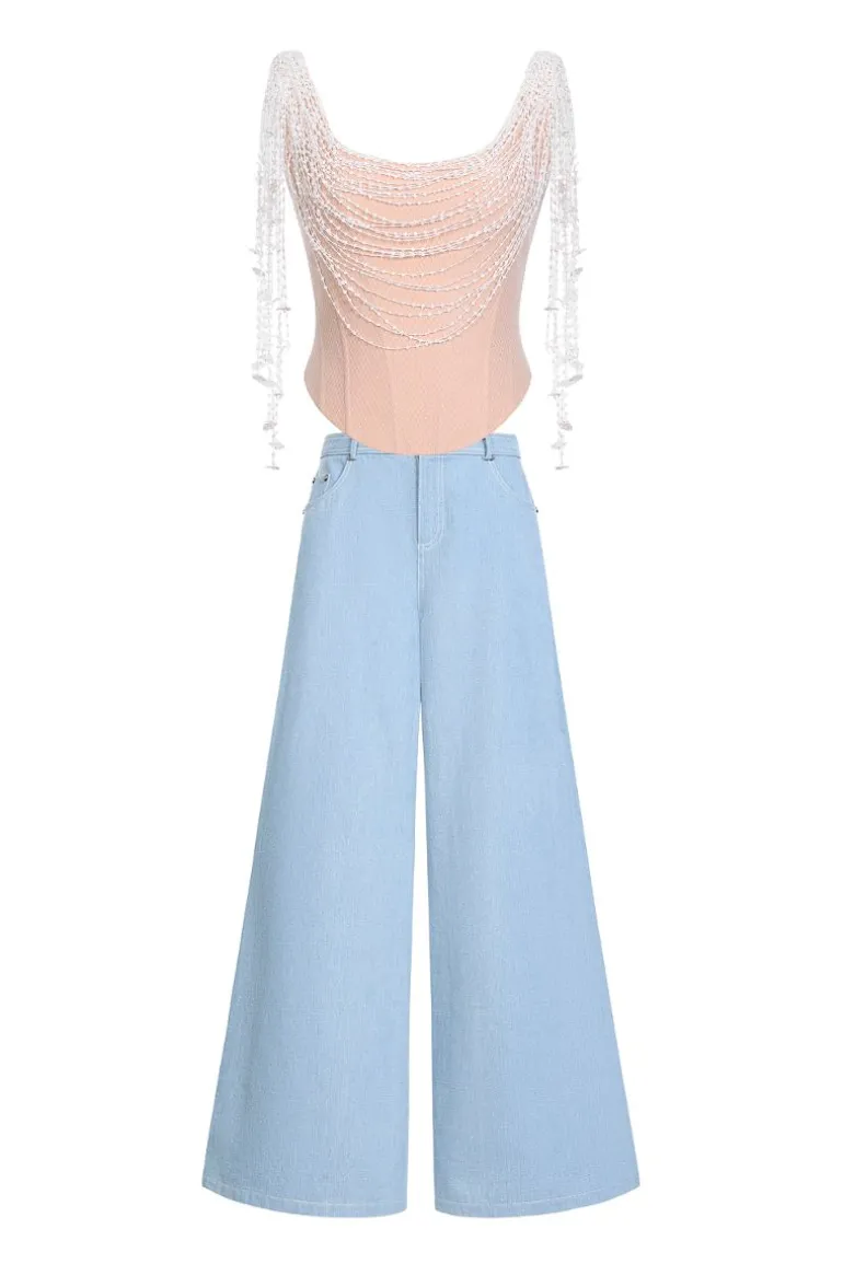 Outfit Sets<CULT MIA WHITE DRAPED LACE FLOWER TOP AND PANTS SET White & Light blue