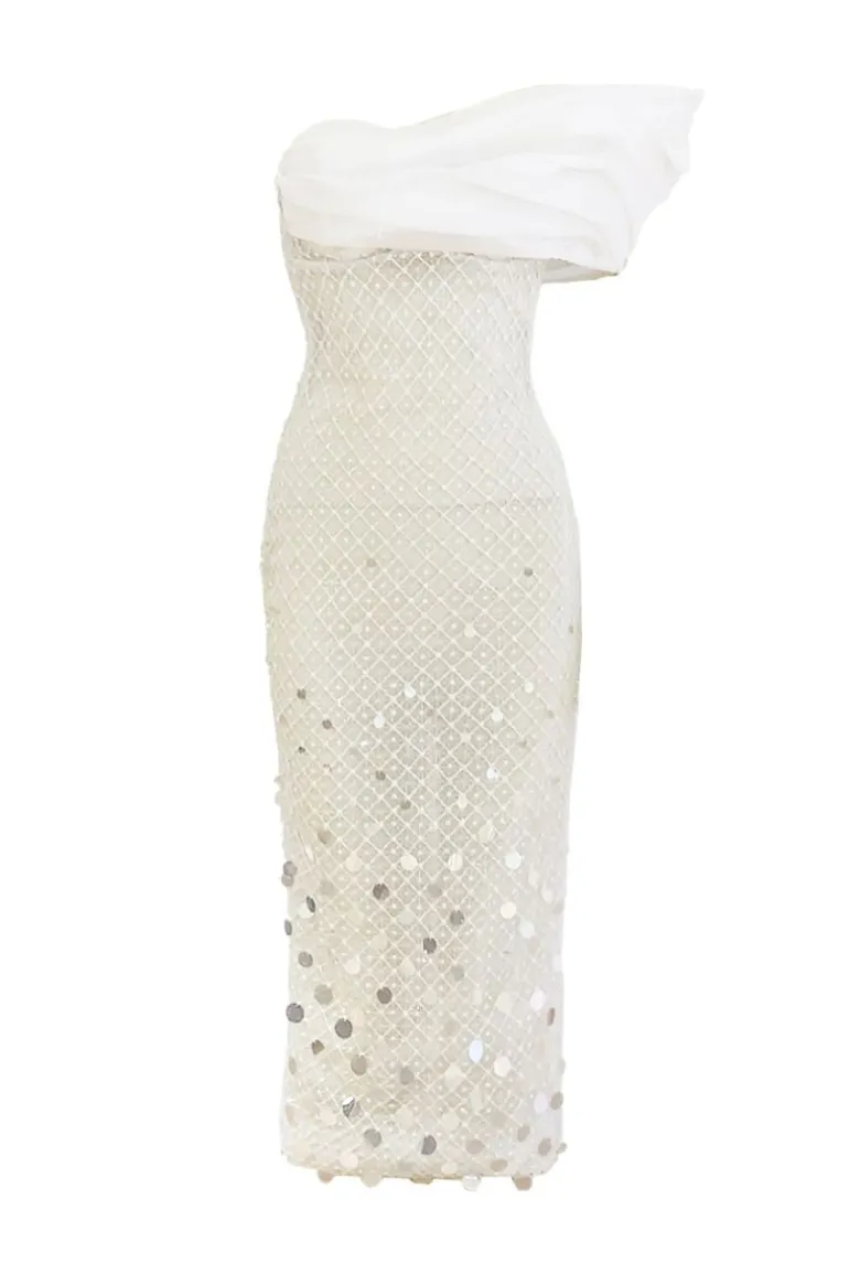Dresses | Midi Dresses<CULT MIA SPARKLING OFF-SHOULDER BODY MIDI DRESS White