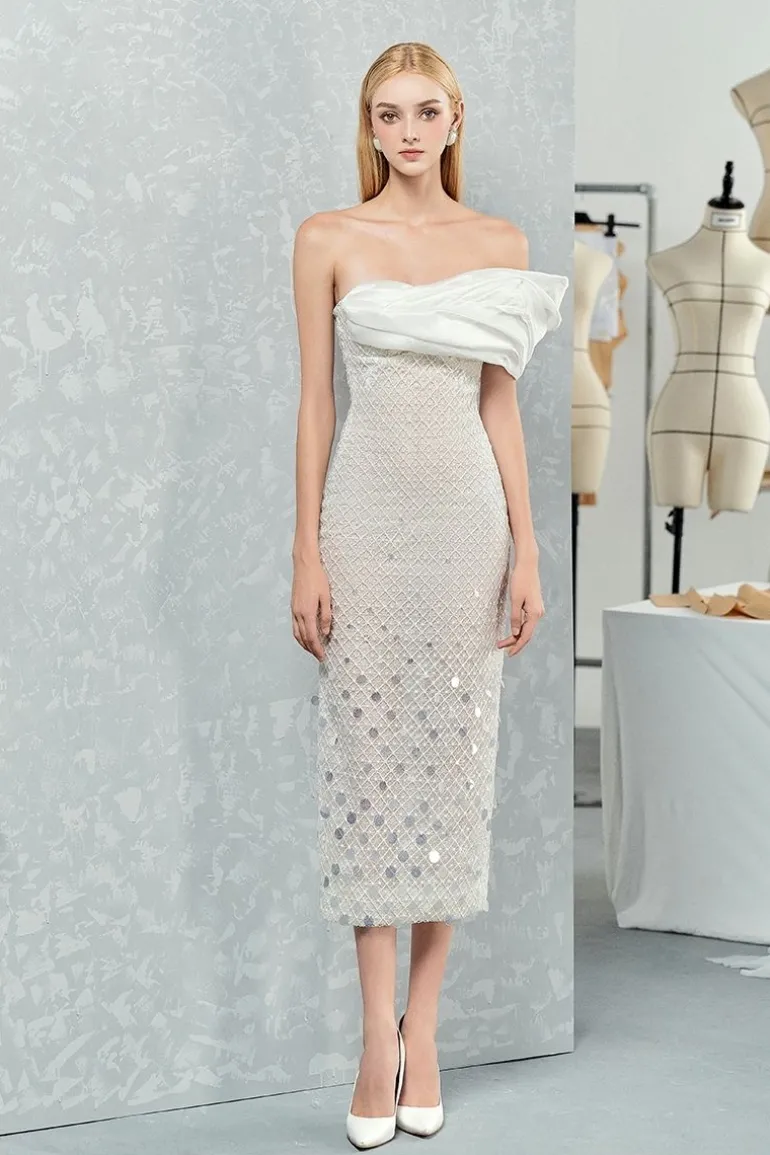 Dresses | Midi Dresses<CULT MIA SPARKLING OFF-SHOULDER BODY MIDI DRESS White