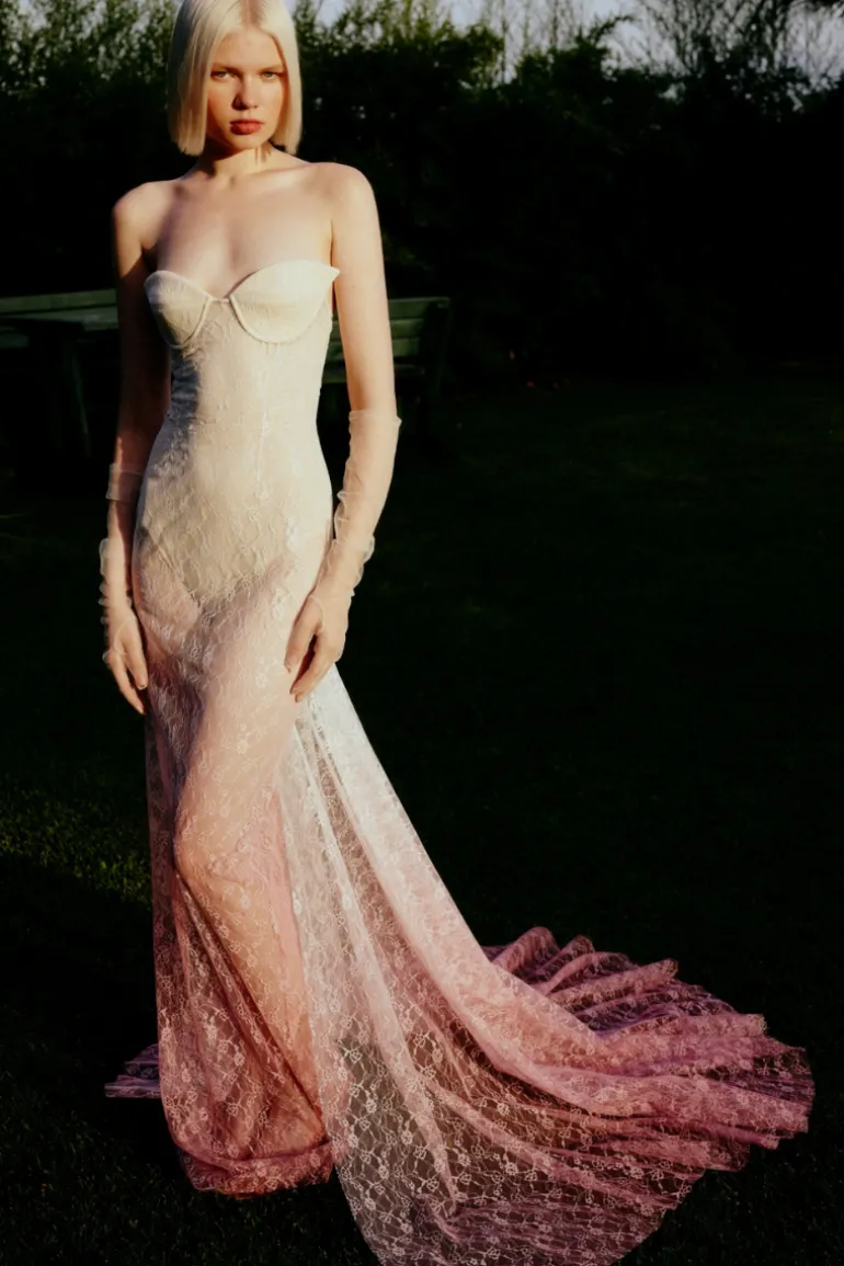 Dresses | Gowns<CULT MIA LACE GOWN WITH TRAIN White to Pink Gradient
